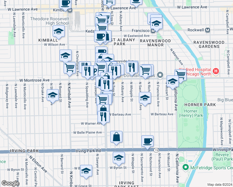 map of restaurants, bars, coffee shops, grocery stores, and more near 4303 North Troy Street in Chicago