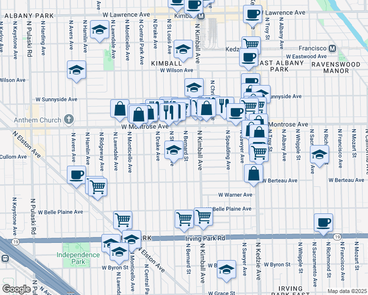 map of restaurants, bars, coffee shops, grocery stores, and more near 4303 North Bernard Street in Chicago