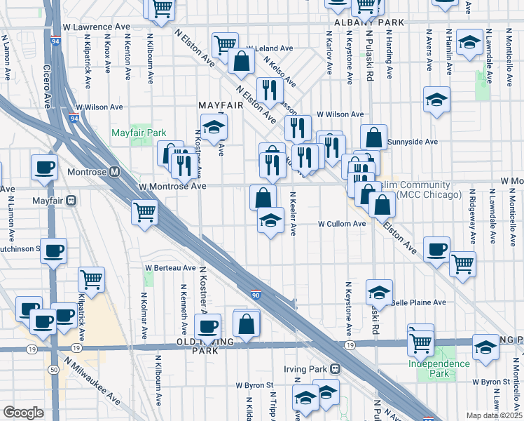 map of restaurants, bars, coffee shops, grocery stores, and more near 4315 North Kildare Avenue in Chicago