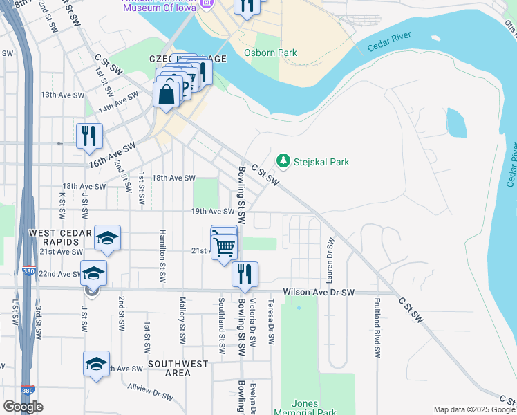 map of restaurants, bars, coffee shops, grocery stores, and more near 207 Hawthorne Drive Southwest in Cedar Rapids
