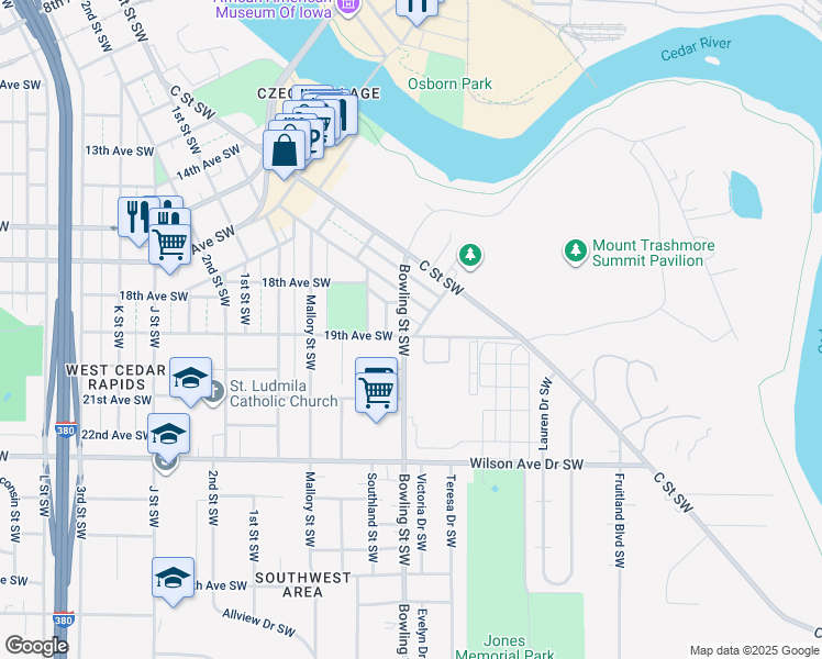 map of restaurants, bars, coffee shops, grocery stores, and more near 147 Bowling Street Southwest in Cedar Rapids