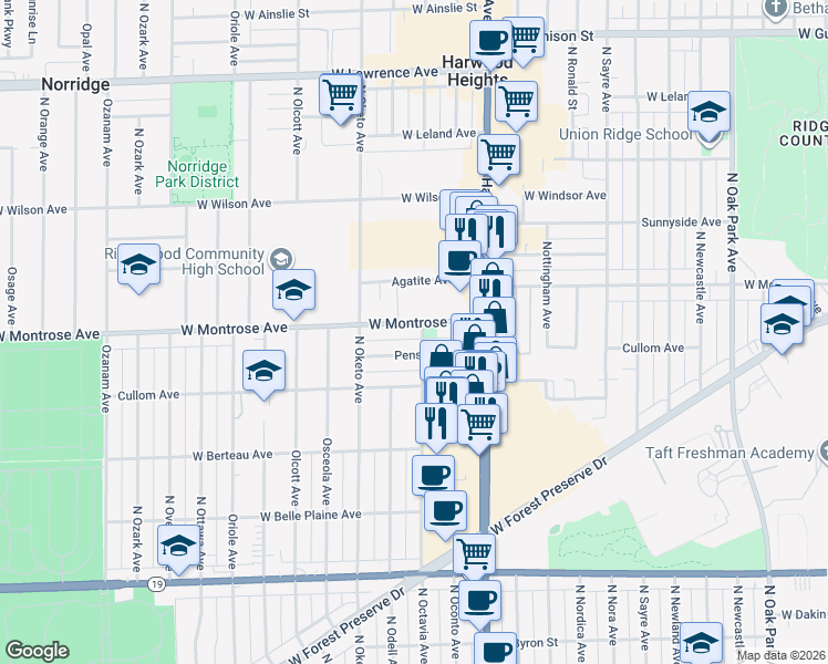 map of restaurants, bars, coffee shops, grocery stores, and more near 7305 West Montrose Avenue in Norridge
