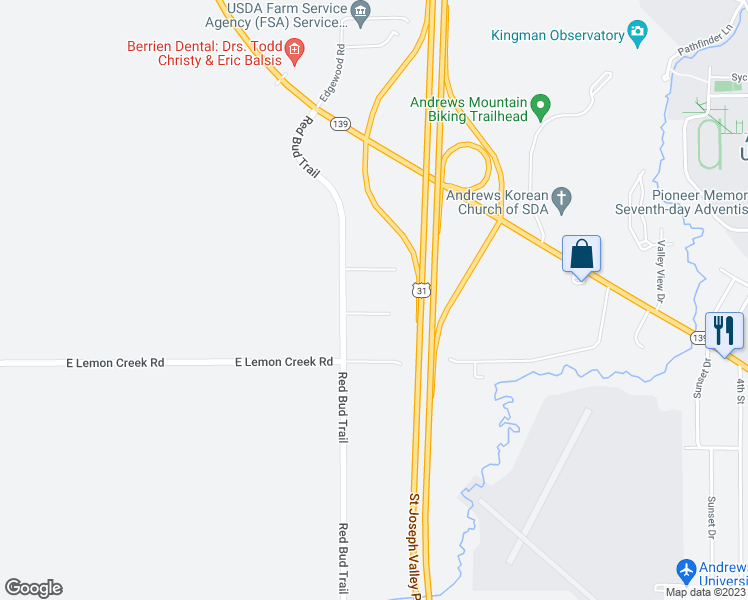 map of restaurants, bars, coffee shops, grocery stores, and more near 3349 Pleasant Street in Berrien Springs