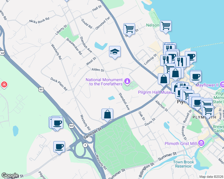 map of restaurants, bars, coffee shops, grocery stores, and more near 36 1/2 Standish Avenue in Plymouth