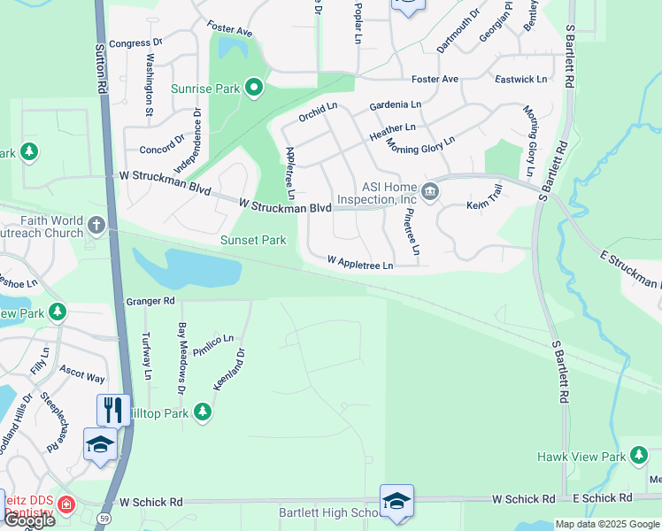 map of restaurants, bars, coffee shops, grocery stores, and more near 817 West Apple Tree Lane in Bartlett