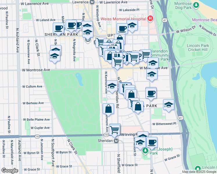 map of restaurants, bars, coffee shops, grocery stores, and more near 4237 North Kenmore Avenue in Chicago