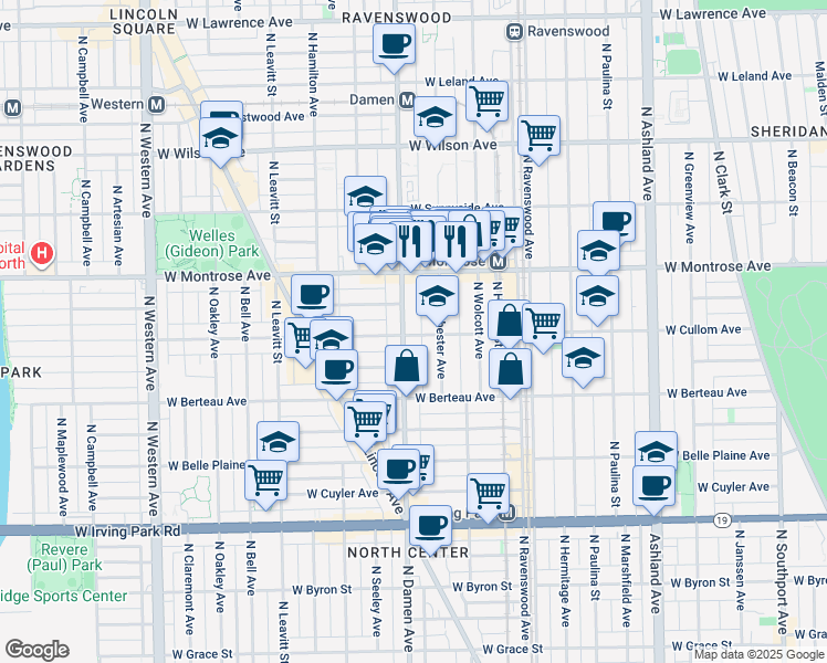 map of restaurants, bars, coffee shops, grocery stores, and more near 1951 West Cullom Avenue in Chicago