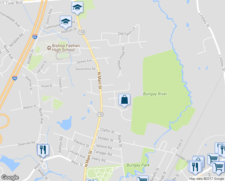 map of restaurants, bars, coffee shops, grocery stores, and more near 18 Hazelwood Avenue in Attleboro