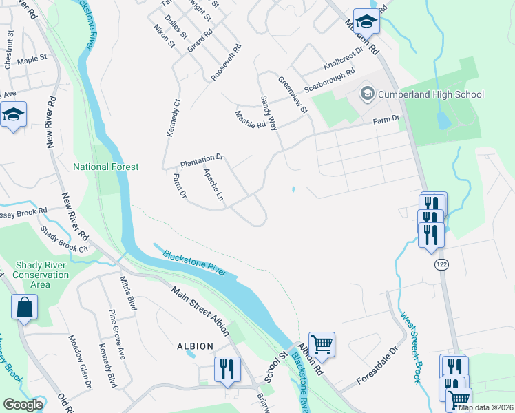 map of restaurants, bars, coffee shops, grocery stores, and more near 5 Secluded Court in Cumberland
