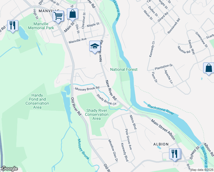 map of restaurants, bars, coffee shops, grocery stores, and more near 417 New River Road in Lincoln