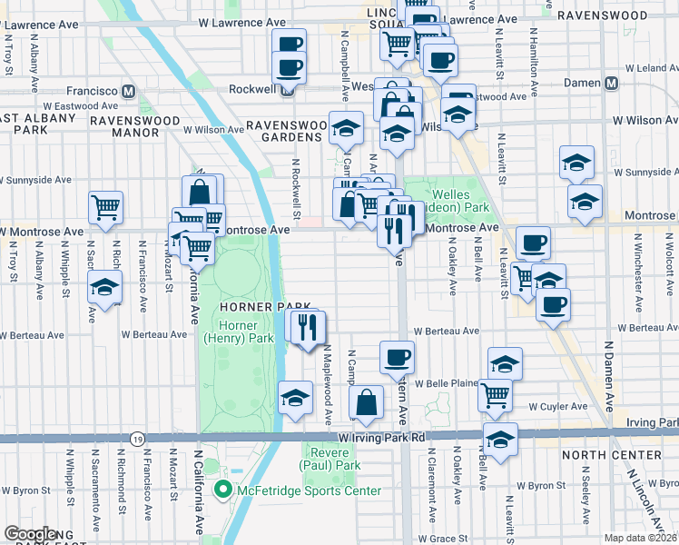 map of restaurants, bars, coffee shops, grocery stores, and more near 2477 West Cullom Avenue in Chicago