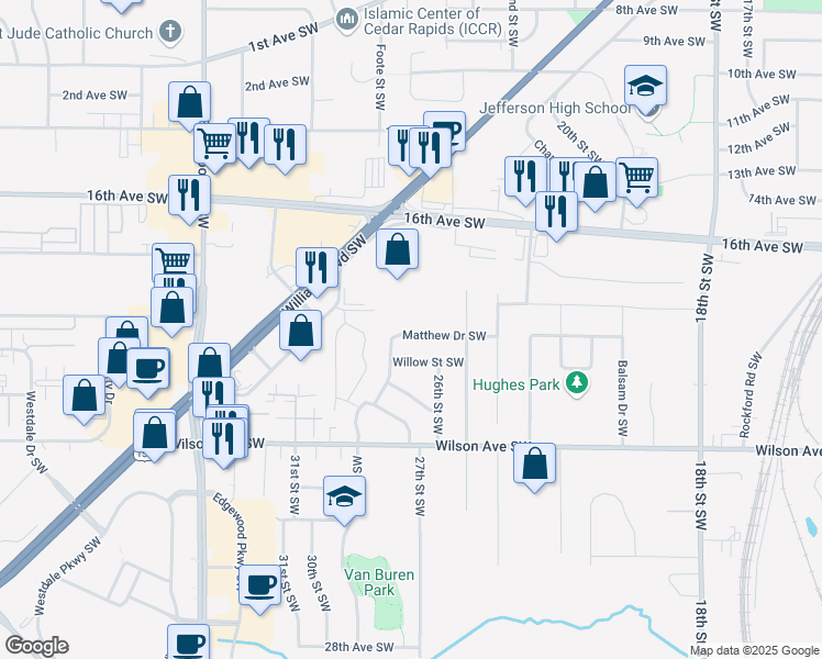 map of restaurants, bars, coffee shops, grocery stores, and more near 2704 Matthew Drive Southwest in Cedar Rapids