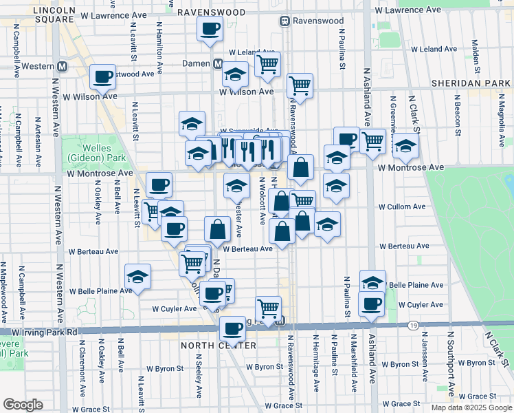 map of restaurants, bars, coffee shops, grocery stores, and more near 1911 West Cullom Avenue in Chicago