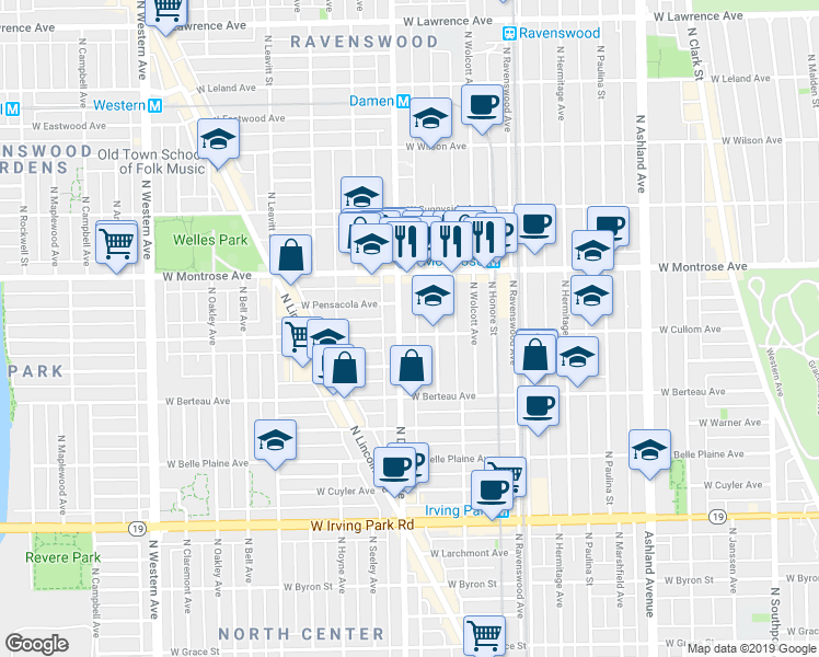 map of restaurants, bars, coffee shops, grocery stores, and more near 1951 West Cullom Avenue in Chicago
