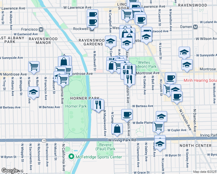 map of restaurants, bars, coffee shops, grocery stores, and more near 2477 West Cullom Avenue in Chicago