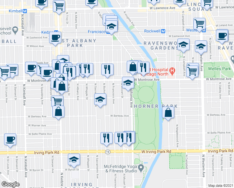 map of restaurants, bars, coffee shops, grocery stores, and more near 2856 West Cullom Avenue in Chicago