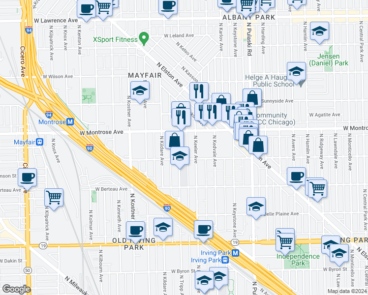 map of restaurants, bars, coffee shops, grocery stores, and more near 4317 North Tripp Avenue in Chicago