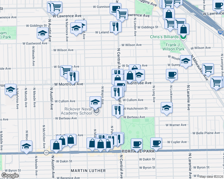map of restaurants, bars, coffee shops, grocery stores, and more near 5619 West Pensacola Avenue in Chicago