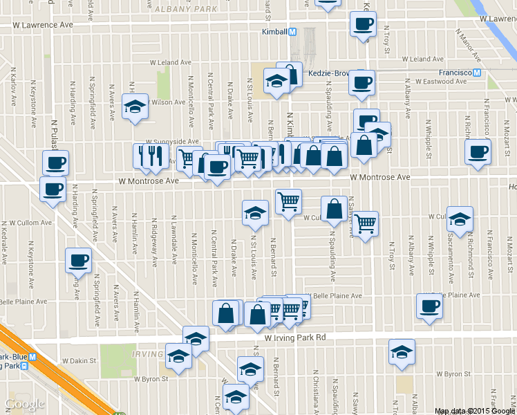 map of restaurants, bars, coffee shops, grocery stores, and more near 4313 N St Louis Ave in Chicago
