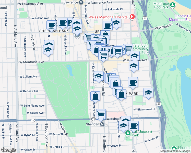 map of restaurants, bars, coffee shops, grocery stores, and more near 4241 North Kenmore Avenue in Chicago
