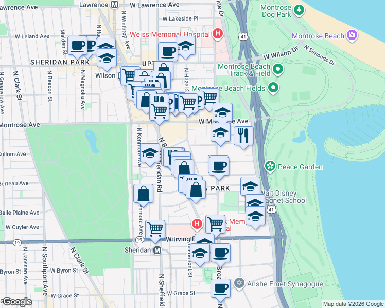 map of restaurants, bars, coffee shops, grocery stores, and more near 4244 North Hazel Street in Chicago