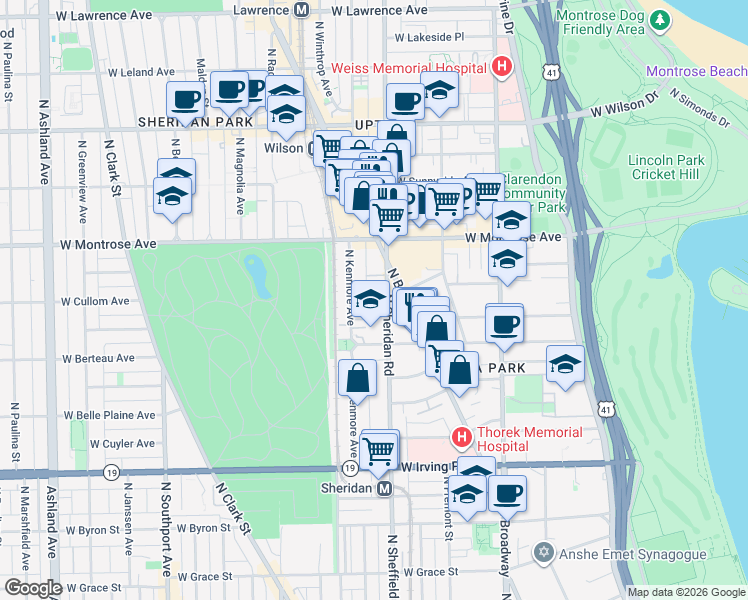 map of restaurants, bars, coffee shops, grocery stores, and more near 4242 North Sheridan Road in Chicago