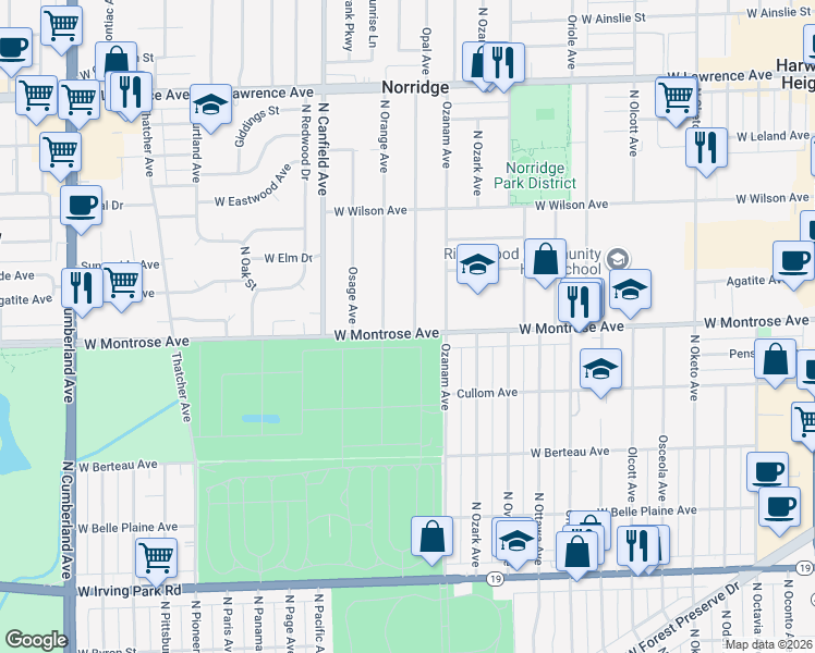 map of restaurants, bars, coffee shops, grocery stores, and more near 4400 Opal Avenue in Norridge