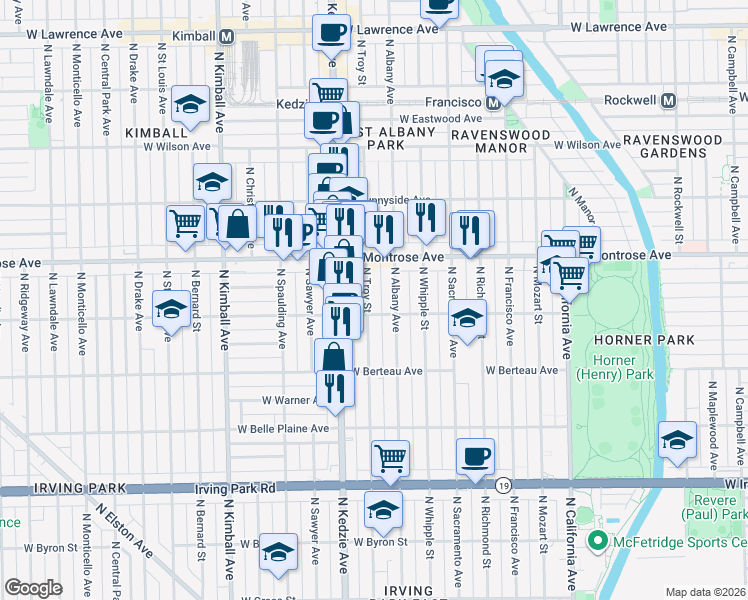 map of restaurants, bars, coffee shops, grocery stores, and more near 4303 North Troy Street in Chicago