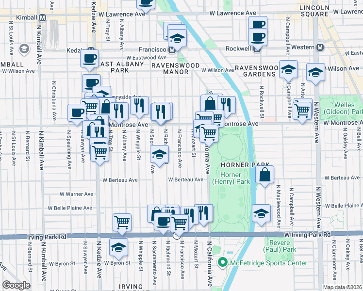 map of restaurants, bars, coffee shops, grocery stores, and more near 2856 West Cullom Avenue in Chicago