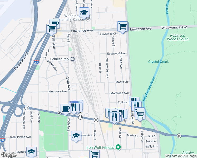 map of restaurants, bars, coffee shops, grocery stores, and more near 4503 Rose Street in Schiller Park