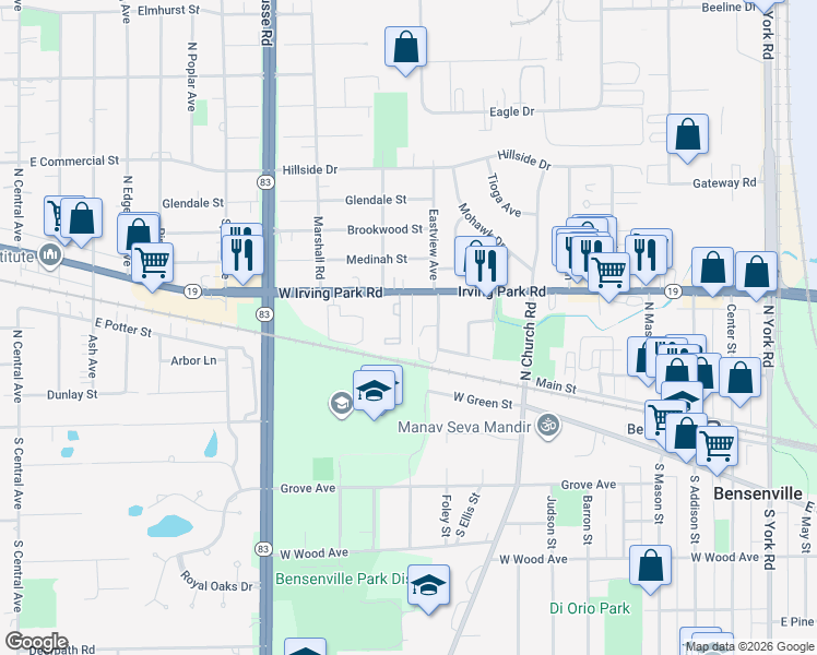 map of restaurants, bars, coffee shops, grocery stores, and more near 932 Irving Park Road in Bensenville