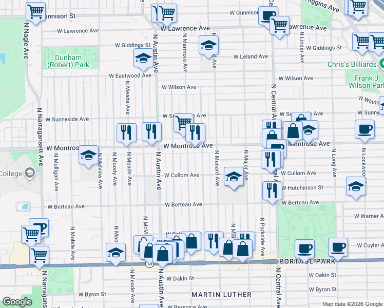 map of restaurants, bars, coffee shops, grocery stores, and more near 4329 North Marmora Avenue in Chicago