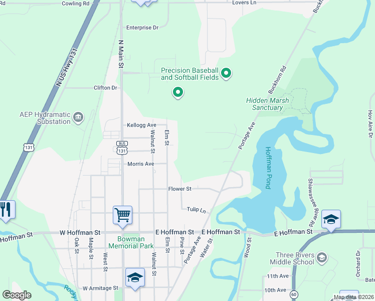 map of restaurants, bars, coffee shops, grocery stores, and more near 500 Pine Street in Three Rivers