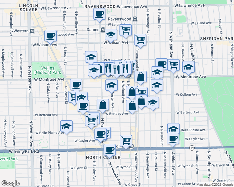 map of restaurants, bars, coffee shops, grocery stores, and more near 1911 West Cullom Avenue in Chicago