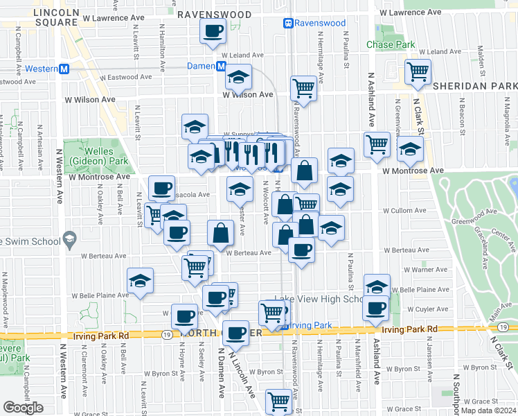 map of restaurants, bars, coffee shops, grocery stores, and more near 1911 West Cullom Avenue in Chicago