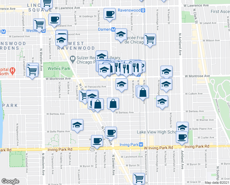 map of restaurants, bars, coffee shops, grocery stores, and more near 1951 West Cullom Avenue in Chicago