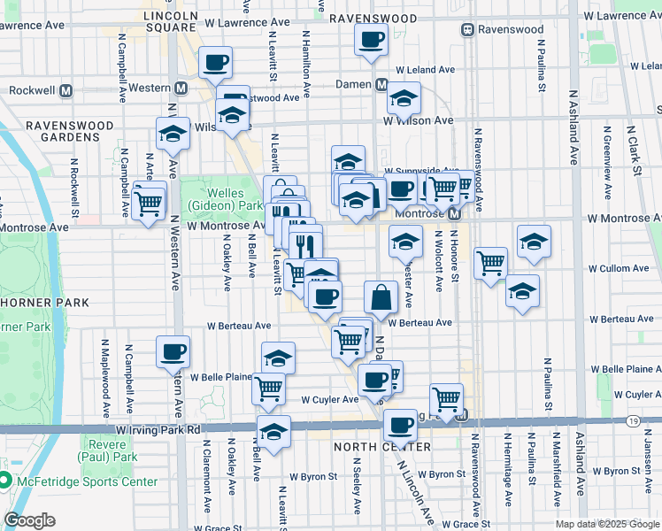 map of restaurants, bars, coffee shops, grocery stores, and more near 2055 West Cullom Avenue in Chicago