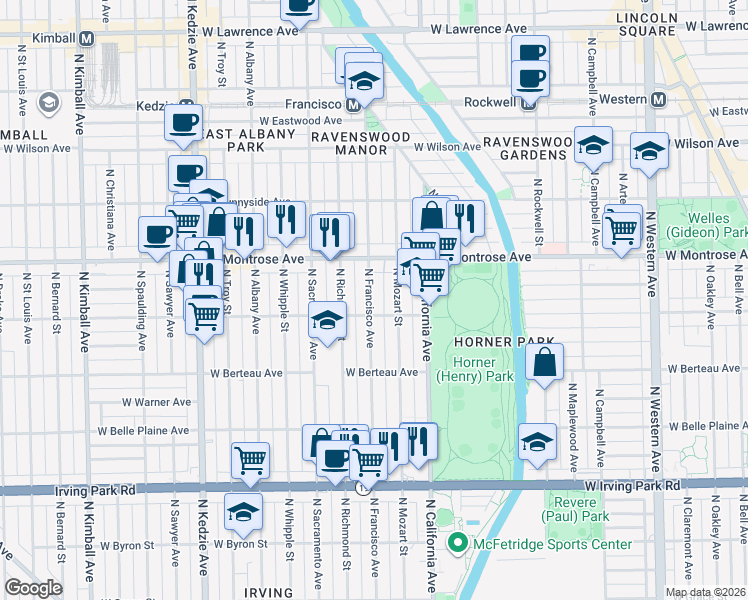 map of restaurants, bars, coffee shops, grocery stores, and more near 2856 West Cullom Avenue in Chicago