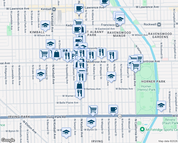 map of restaurants, bars, coffee shops, grocery stores, and more near 4303 North Troy Street in Chicago