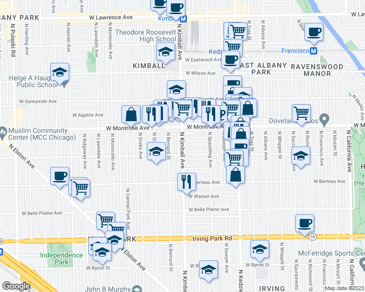 map of restaurants, bars, coffee shops, grocery stores, and more near 3346 West Cullom Avenue in Chicago
