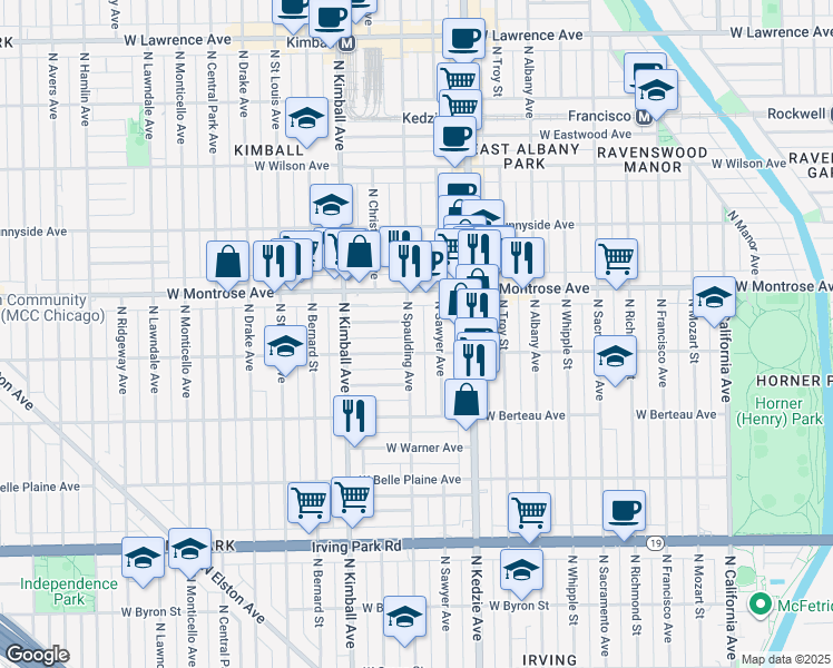 map of restaurants, bars, coffee shops, grocery stores, and more near 3306 West Cullom Avenue in Chicago