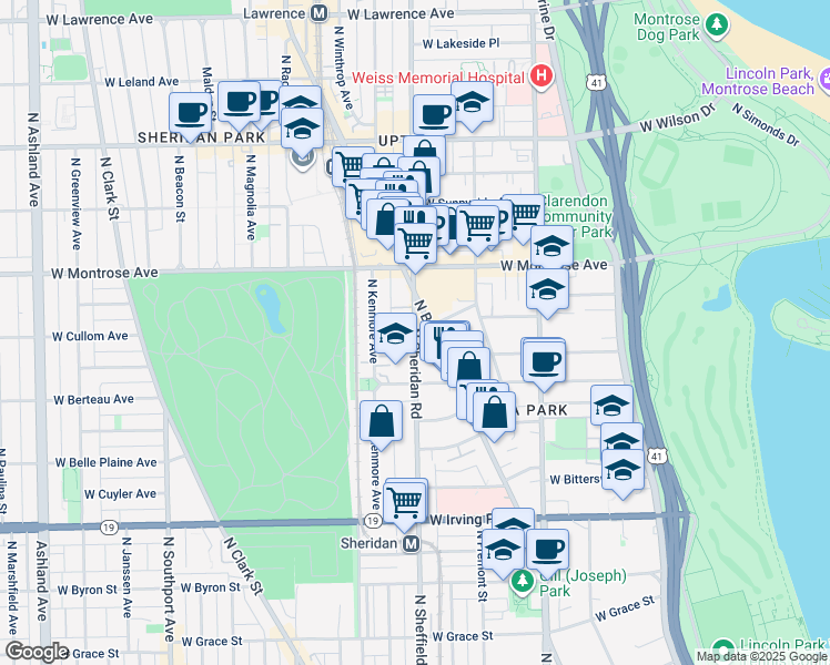 map of restaurants, bars, coffee shops, grocery stores, and more near 4303 North Sheridan Road in Chicago