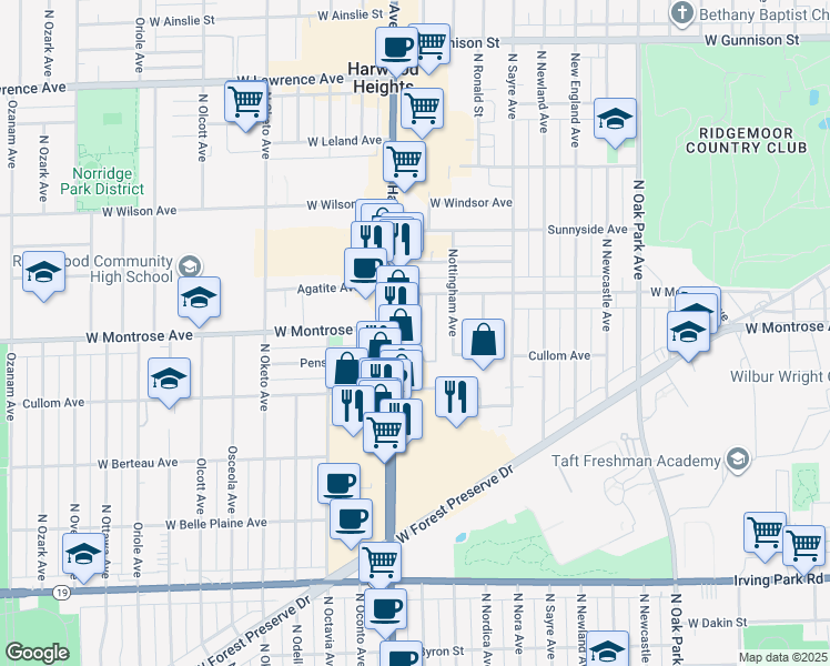 map of restaurants, bars, coffee shops, grocery stores, and more near 4321 North Harlem Avenue in Norridge
