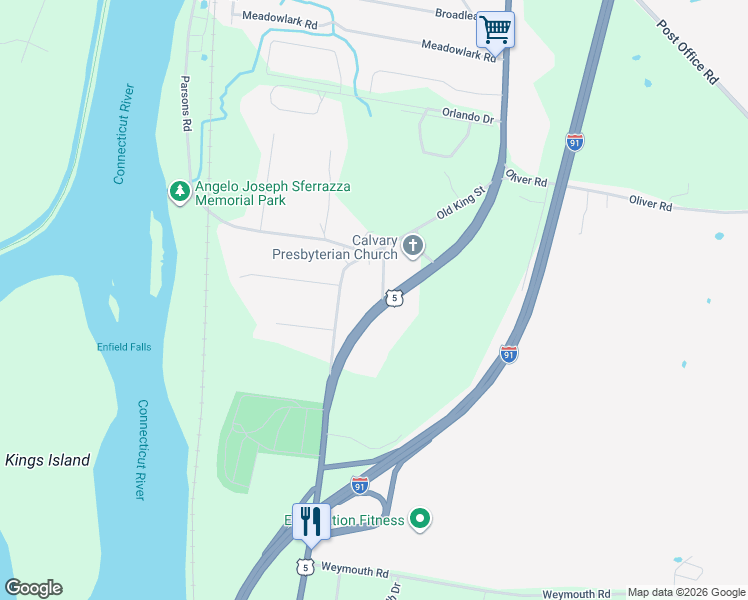 map of restaurants, bars, coffee shops, grocery stores, and more near 1537 King Street in Enfield