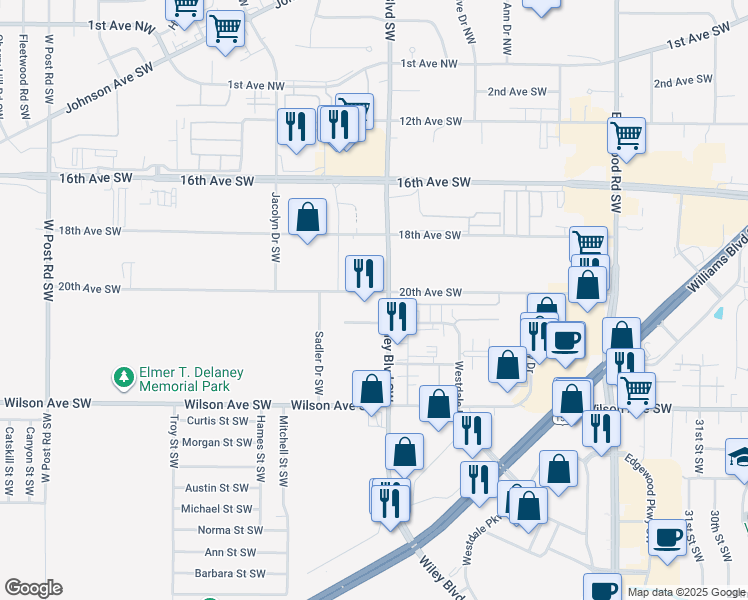 map of restaurants, bars, coffee shops, grocery stores, and more near 2000 Wiley Boulevard Southwest in Cedar Rapids