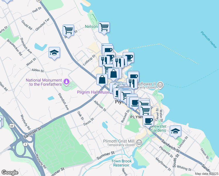 map of restaurants, bars, coffee shops, grocery stores, and more near 86 Court Street in Plymouth