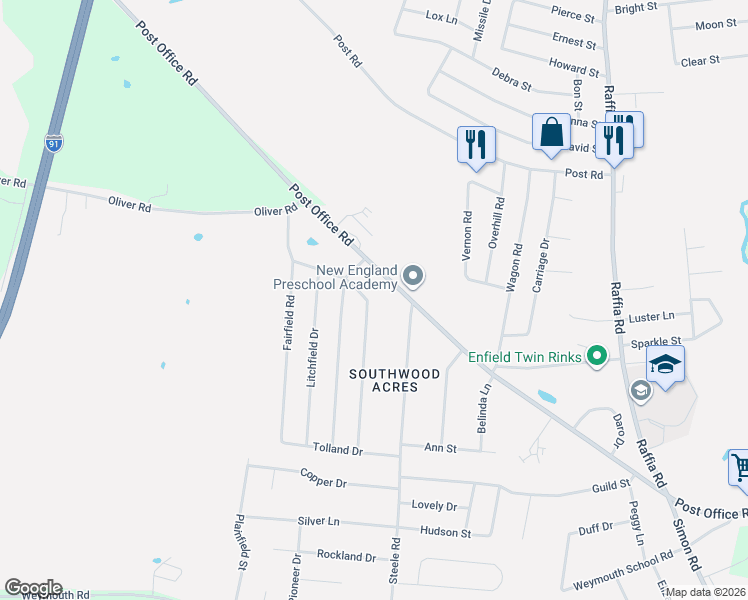 map of restaurants, bars, coffee shops, grocery stores, and more near 15 Middlesex Drive in Enfield