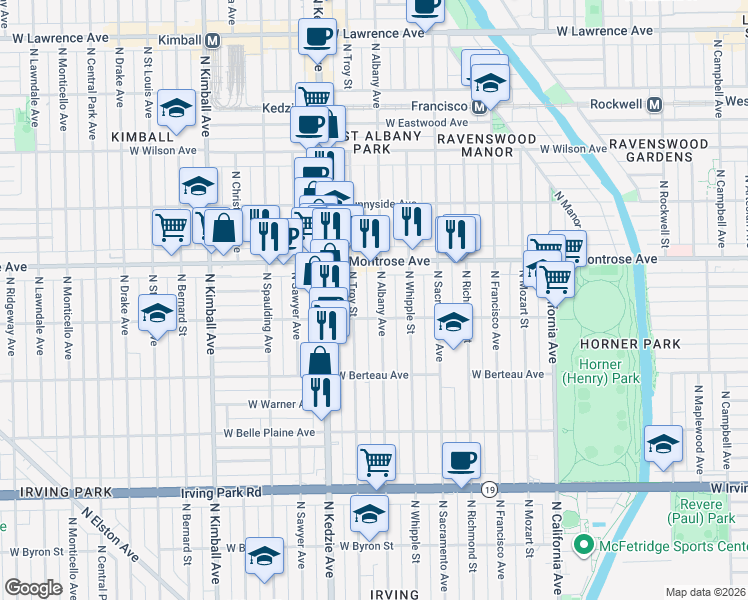 map of restaurants, bars, coffee shops, grocery stores, and more near 4303 North Troy Street in Chicago