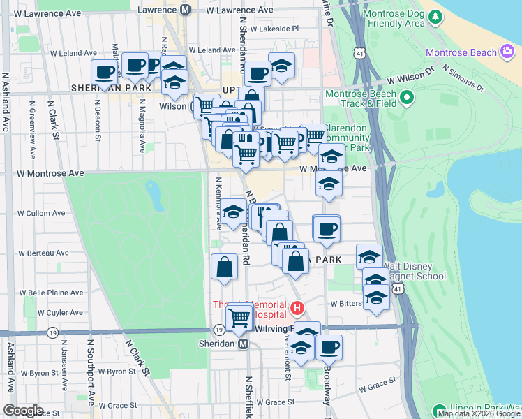 map of restaurants, bars, coffee shops, grocery stores, and more near 4244 North Broadway in Chicago