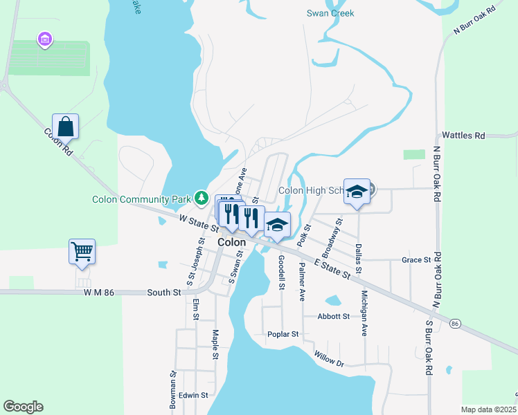 map of restaurants, bars, coffee shops, grocery stores, and more near 214 North Swan Street in Colon